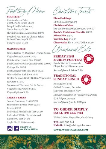 Christmas day feast Menu White Gables Galway